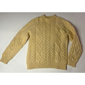 VTG Irish Aran Cable Handknit Sweater 100% Wool Ireland Classic Cream Granny